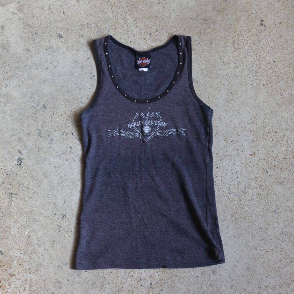 Vintage Harley-Davidson Rhinestone Tank Top Y2K Barbed Wire Tramp Stamp Size M